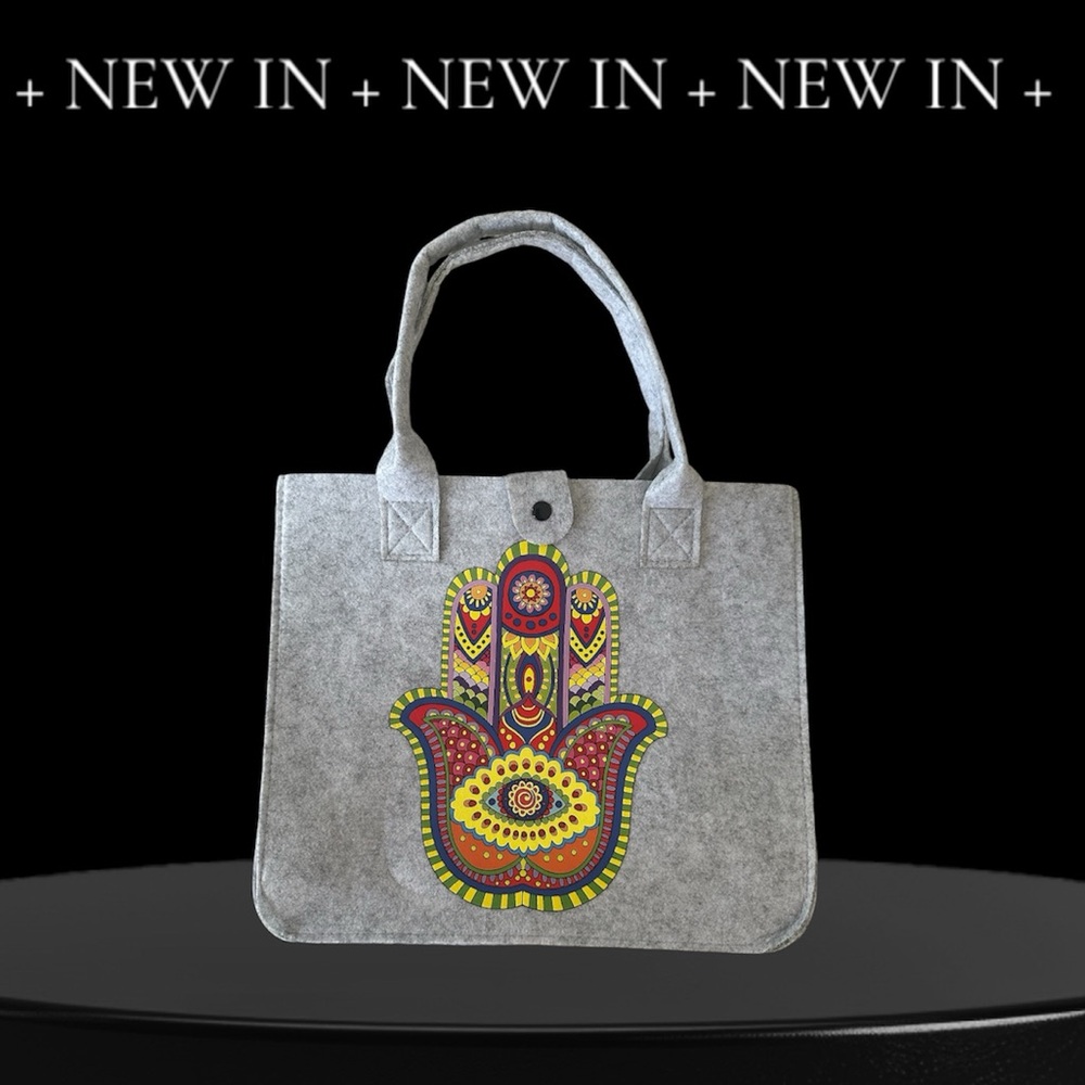 Handcrafted felt fabric reusable everyday tote bag hamsa stamped color